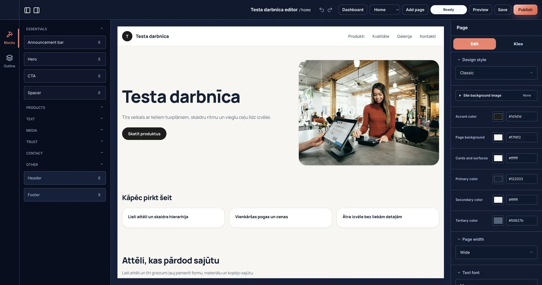 Komercel storefront editor showing a merchant website layout